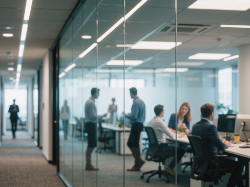 公司办公环境，现代化开放式办公室，员工正在讨论技术方案，展现专业团队协作氛围